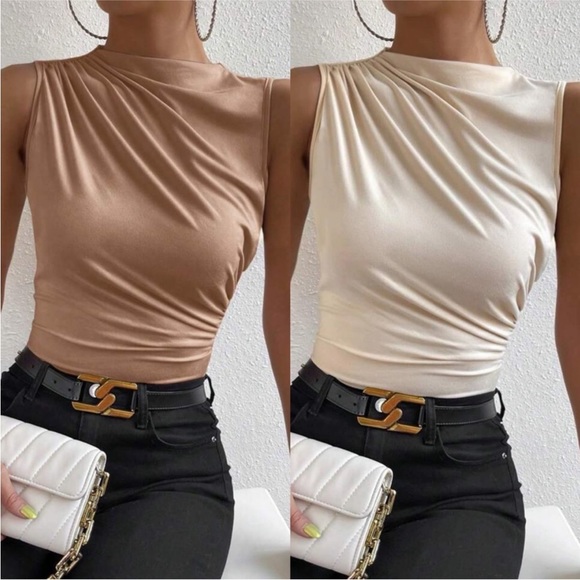 Tops - Tan & ivory ruched sleeveless stretchy top